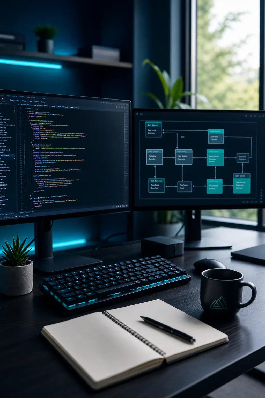 A DevHills engineering workspace — code and system architecture on screen
